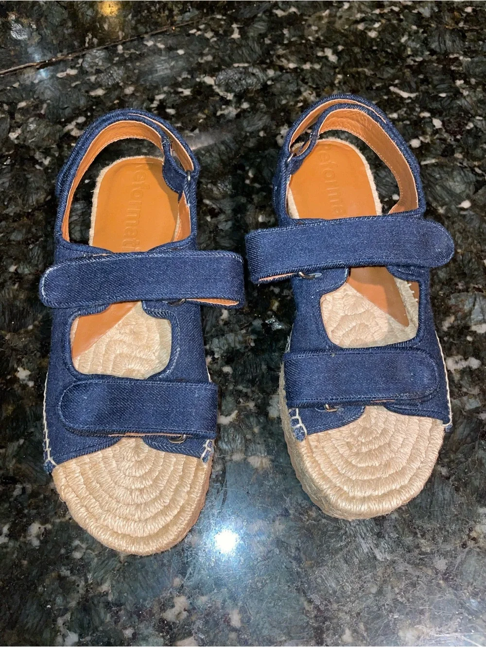 New! Reformation Trinity Sport Dark Blue Denim Espadrille Platform Sandals 💙 9